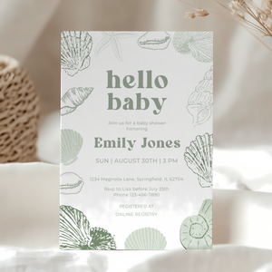 Baby Shower Invitation - Sage Green Ocean Beach Seashells Gender Neutral Baby On Board BS118