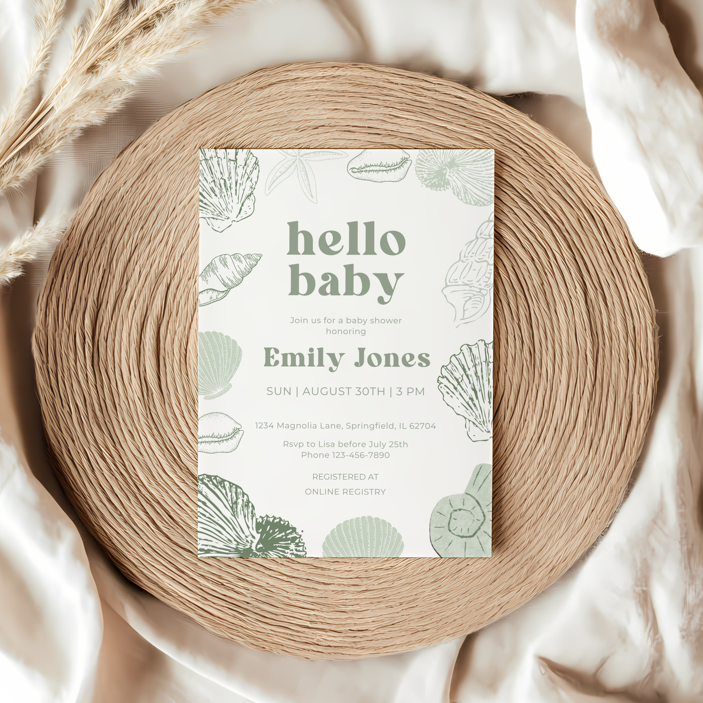 Baby Shower Invitation - Sage Green Ocean Beach Seashells Gender Neutral Baby On Board BS118
