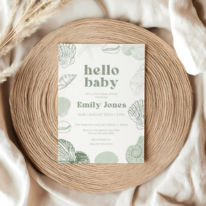 Baby Shower Invitation - Sage Green Ocean Beach Seashells Gender Neutral Baby On Board BS118