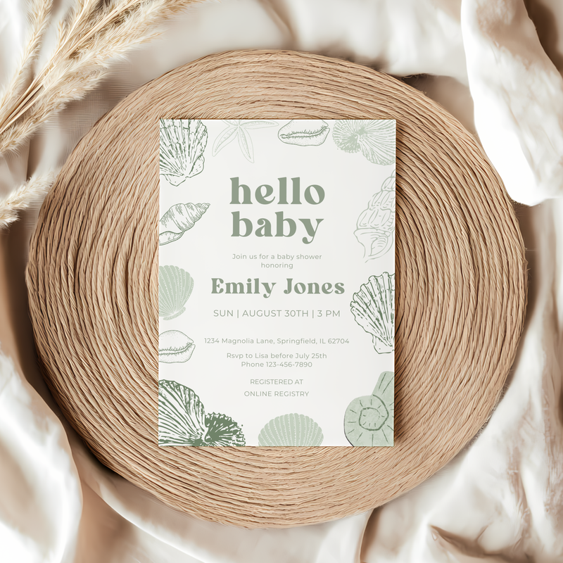 Baby Shower Invitation - Sage Green Ocean Beach Seashells Gender Neutral Baby On Board BS118