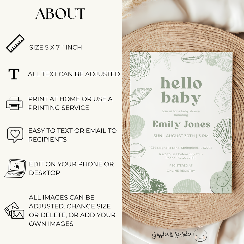 Baby Shower Invitation - Sage Green Ocean Beach Seashells Gender Neutral Baby On Board BS118