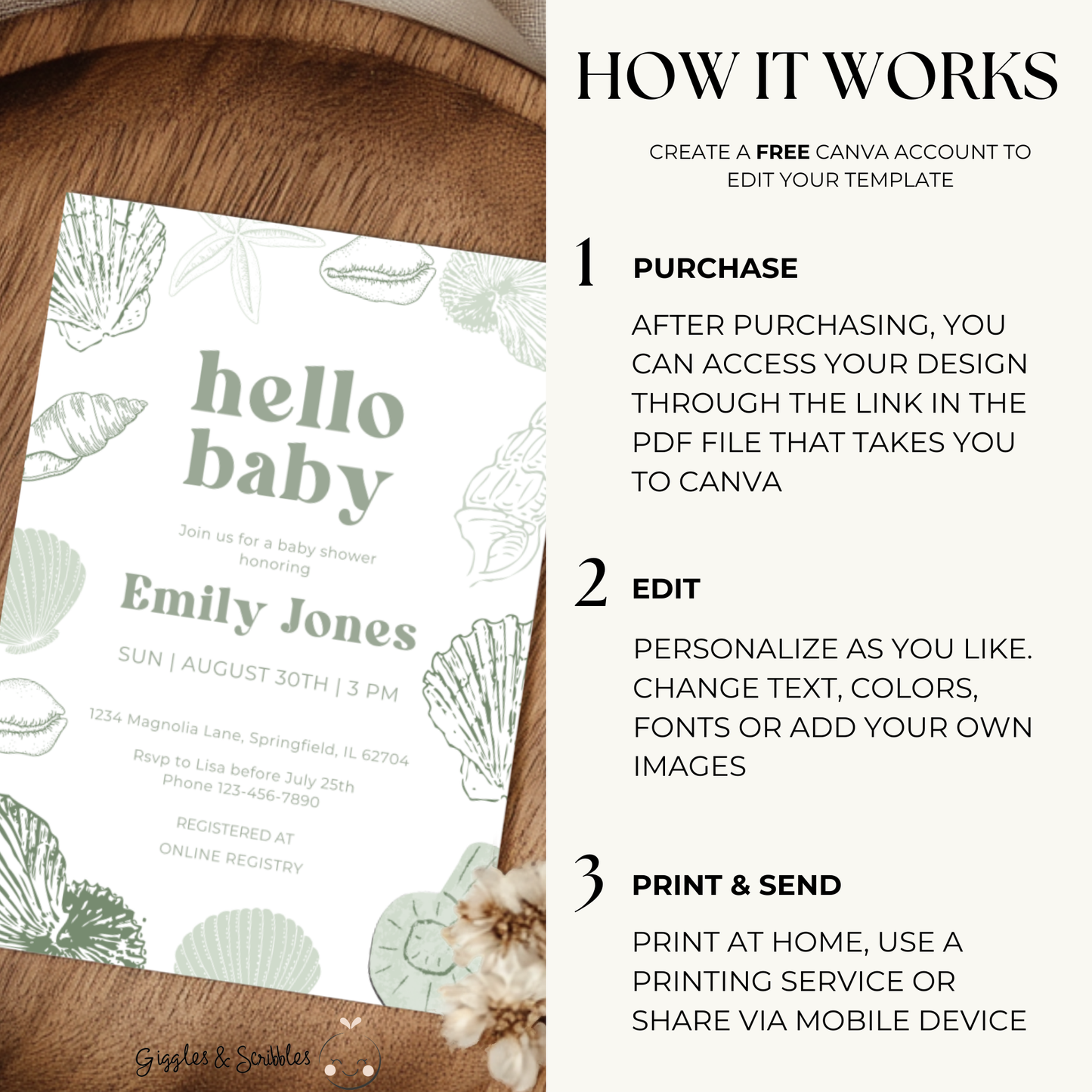 Baby Shower Invitation - Sage Green Ocean Beach Seashells Gender Neutral Baby On Board BS118
