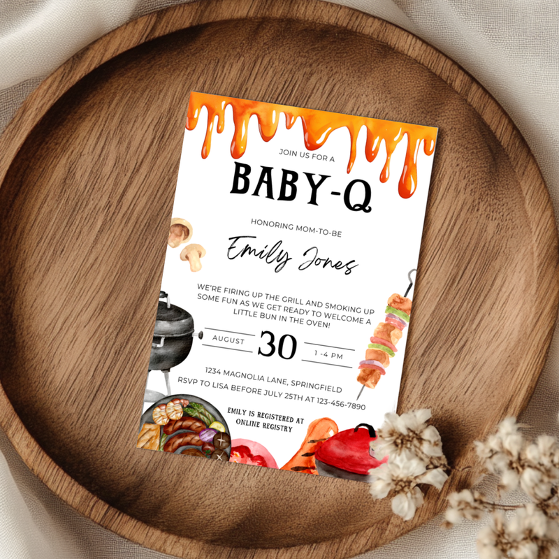 Baby Shower Invitation - Baby-Q Barbecue Gender Neutral Bun In The Oven Burger In The Grill BS131