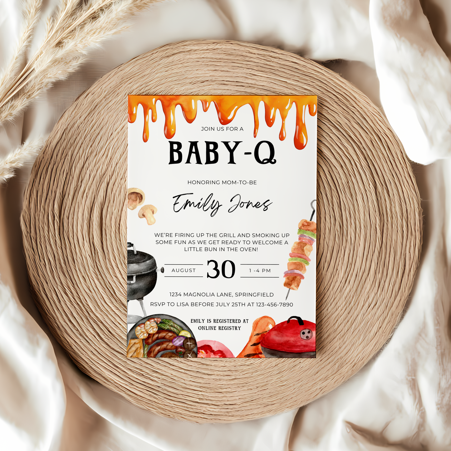 Baby Shower Invitation - Baby-Q Barbecue Gender Neutral Bun In The Oven Burger In The Grill BS131