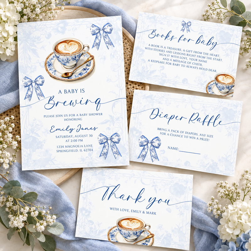 Blue Toile Baby Is Brewing Baby Shower Invitation Bundle BS62