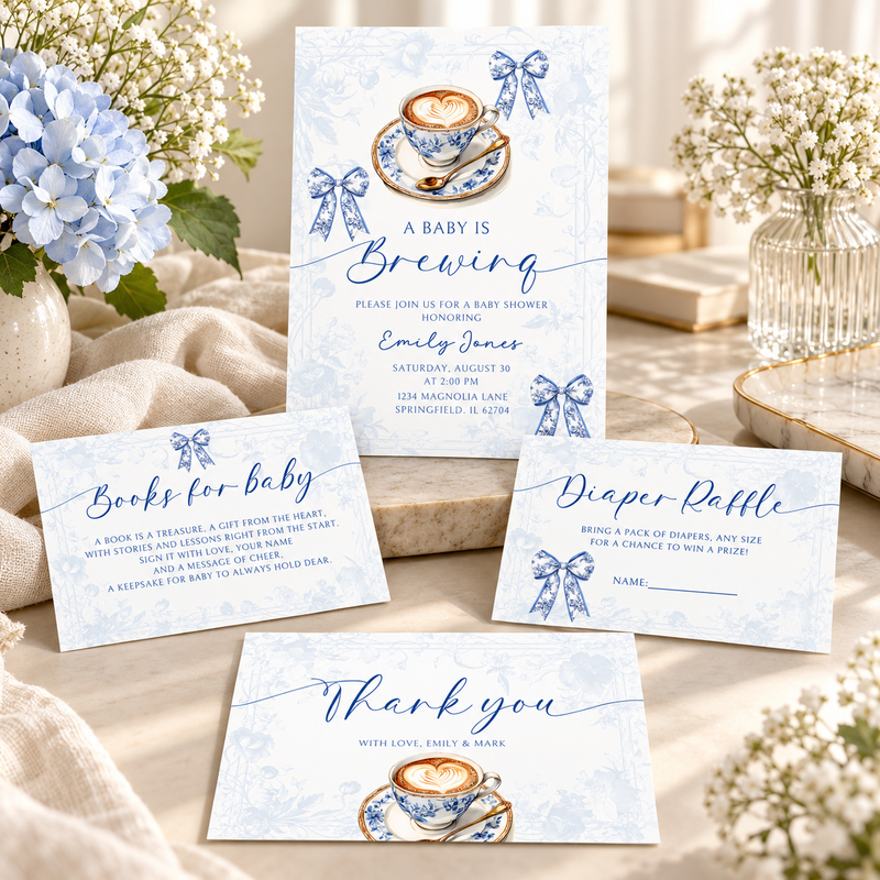 Blue Toile Baby Is Brewing Baby Shower Invitation Bundle BS62