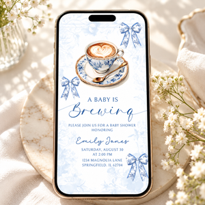 Blue Toile Baby Is Brewing Baby Shower Invitation Bundle BS62