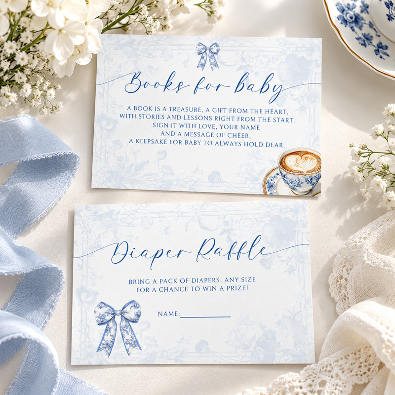 Blue Toile Baby Is Brewing Baby Shower Invitation Bundle BS62
