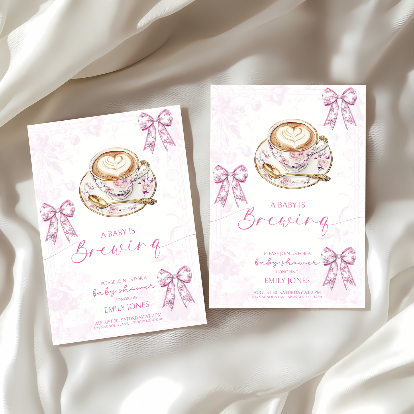 Baby Shower Invitation Bundle - Pink Baby Is Brewing Coffee Theme Toile de Jouy BS62