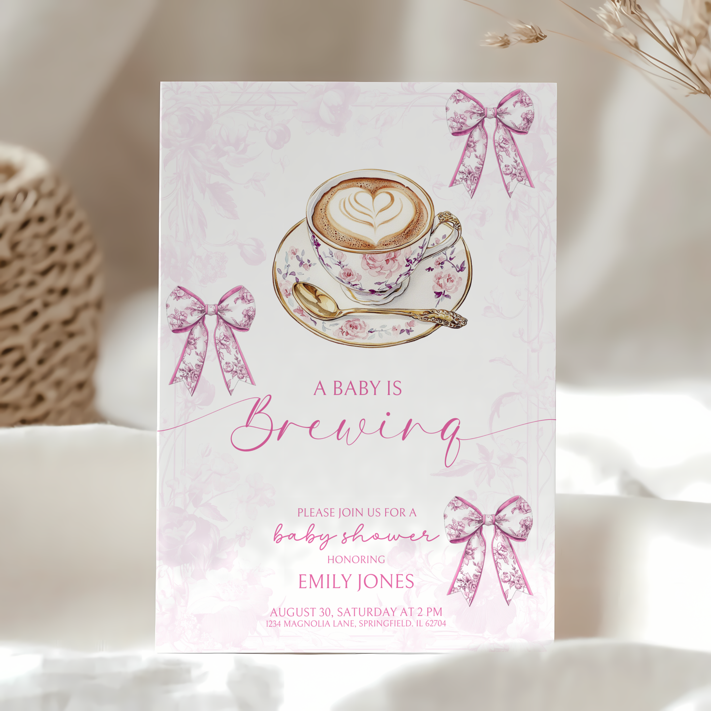 Baby Shower Invitation Bundle - Pink Baby Is Brewing Coffee Theme Toile de Jouy BS62