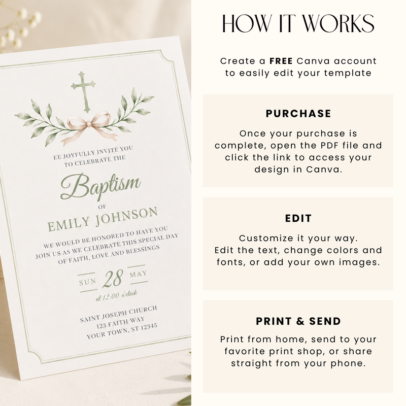 Sage Green Baptism Invitation L143