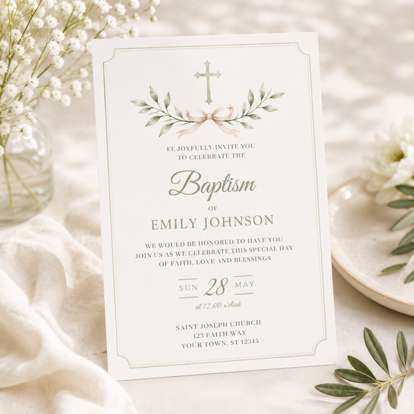 Sage Green Baptism Invitation L143