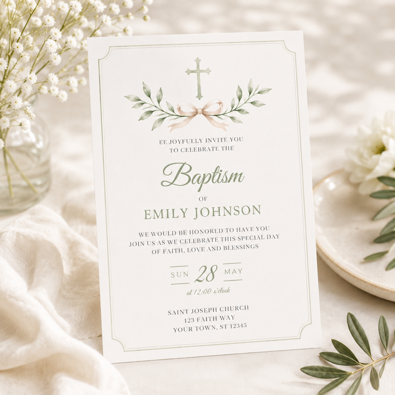 Sage Green Baptism Invitation L143