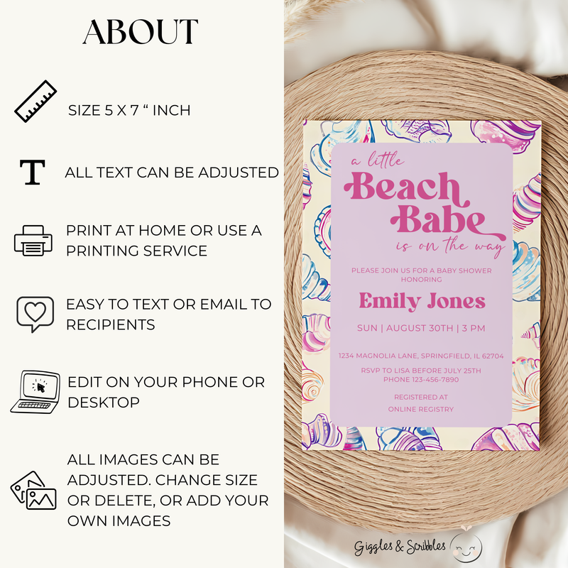 Baby Shower Invitation - A Little Beach Babe Seashell Pastel BS111