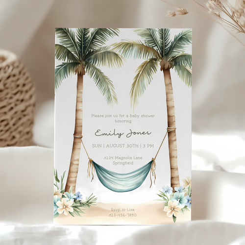 Baby Shower Invitation - Tropical Paradise Beach Hammock & Palm Trees BS140