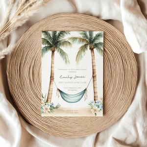 Baby Shower Invitation - Tropical Paradise Beach Hammock & Palm Trees BS140