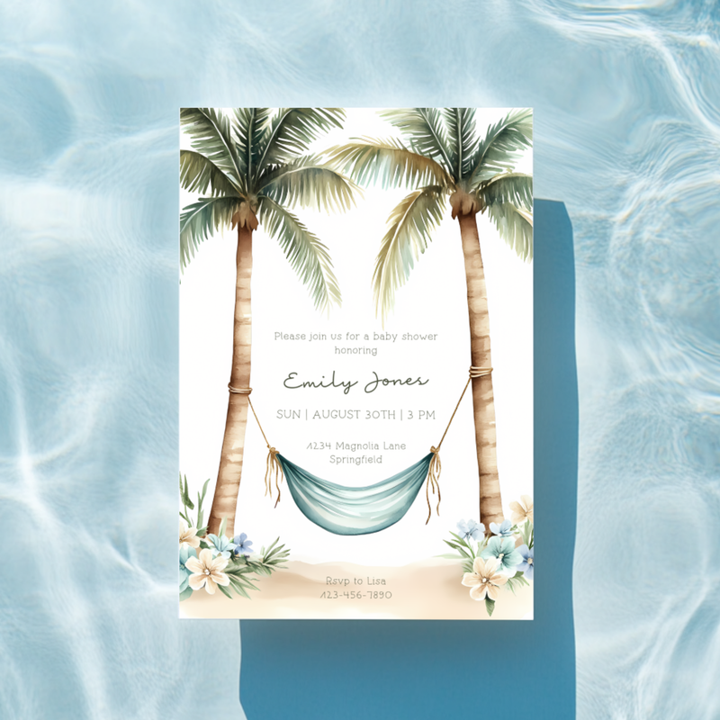 Baby Shower Invitation - Tropical Paradise Beach Hammock & Palm Trees BS140