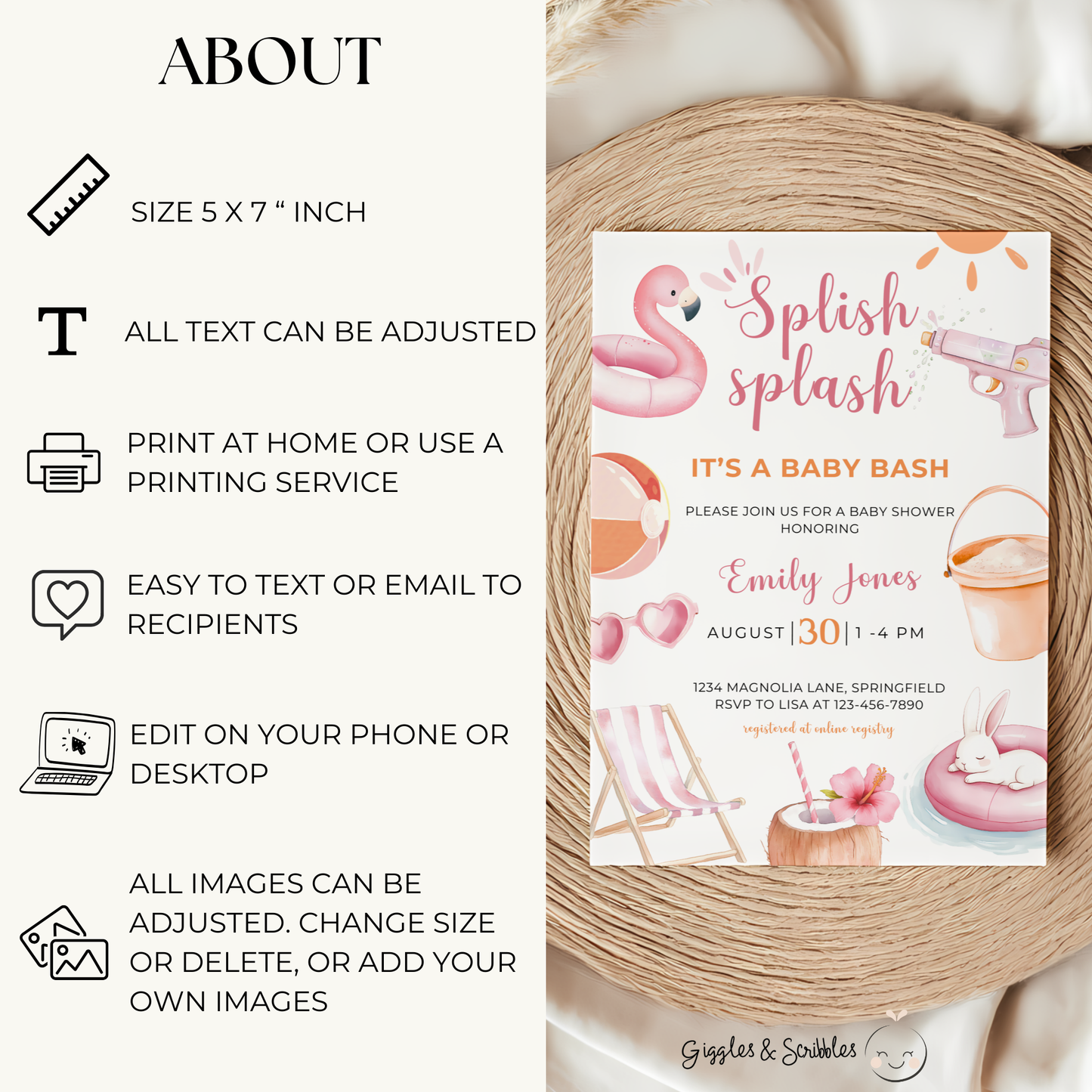 Baby Shower Invitation - Splish Splash Baby Bash Pink Pool Party Beach BS141