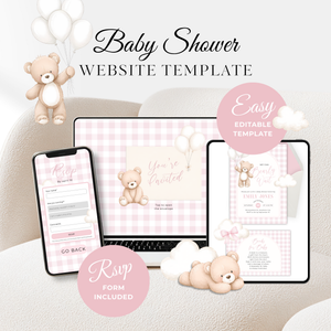 Pink Bearly Wait Baby Shower Website with RSVP - Editable Canva Template BS295