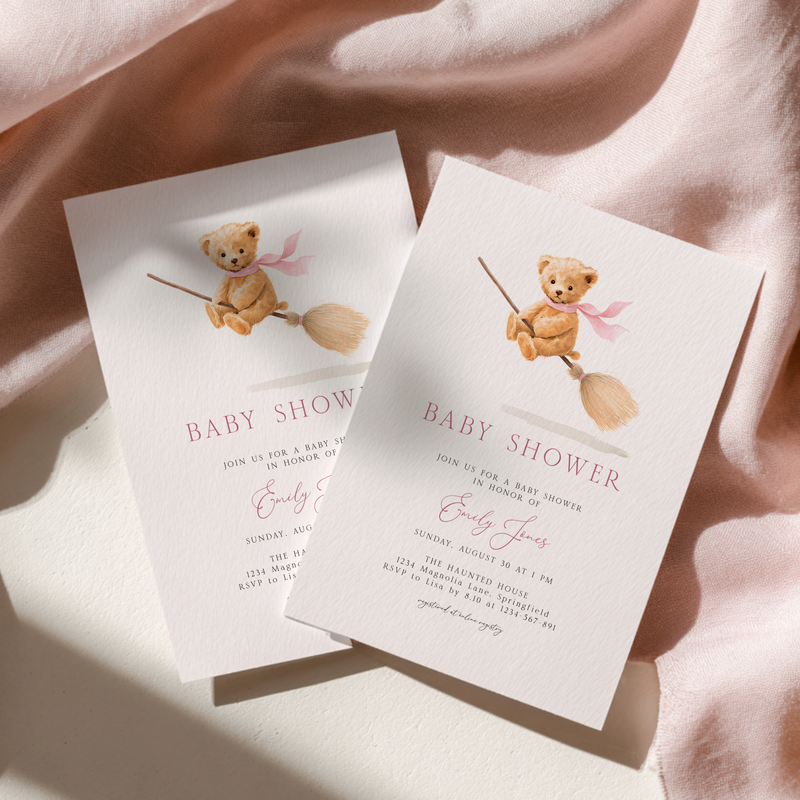 Baby Shower Invitation - Cute Girl Bear on Halloween Witch Broom BS239