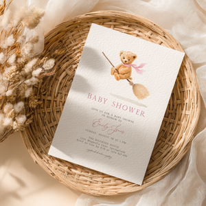 Baby Shower Invitation - Cute Girl Bear on Halloween Witch Broom BS239
