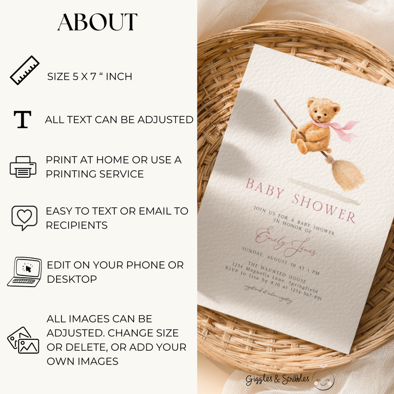 Baby Shower Invitation - Cute Girl Bear on Halloween Witch Broom BS239