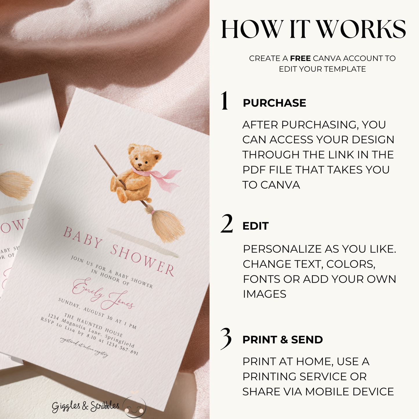 Baby Shower Invitation - Cute Girl Bear on Halloween Witch Broom BS239