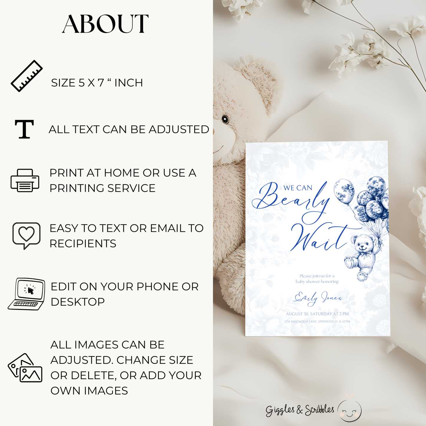 Baby Shower Invitation - Blue Bearly Wait Toile de Jouy BS35