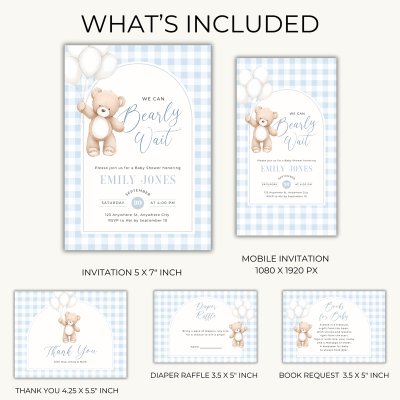 We Can Bearly Wait Blue Baby Shower Invitation Bundle BS295