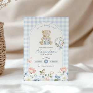 Beary First Birthday Invitation Blue Gingham L93