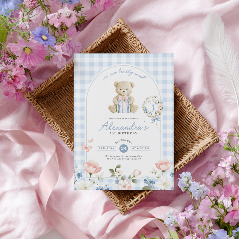 Beary First Birthday Invitation Blue Gingham L93