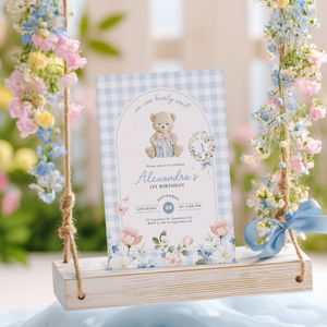 Beary First Birthday Invitation Blue Gingham L93