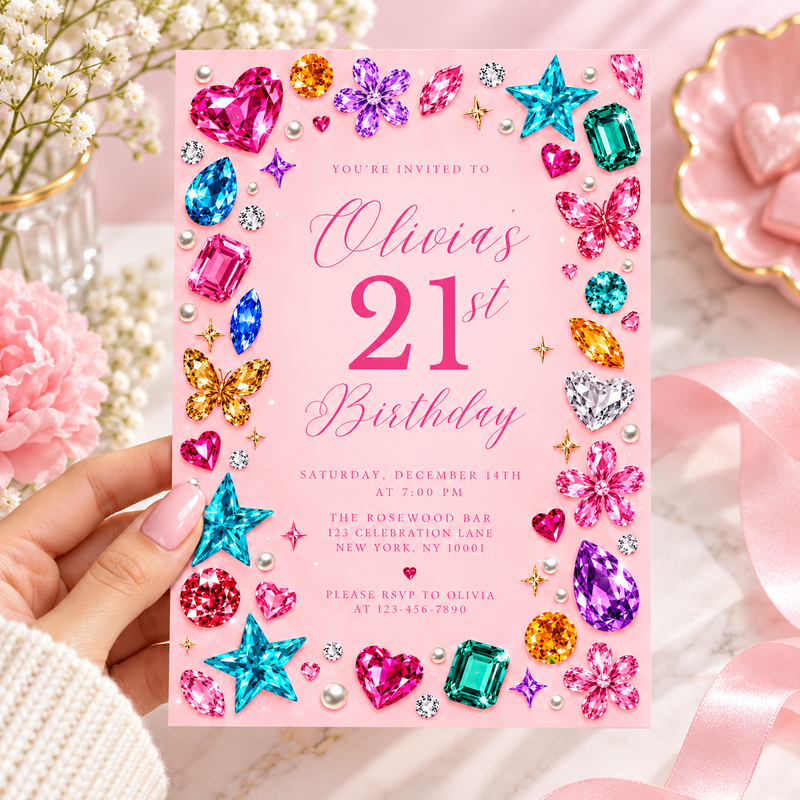 Gemstone 21st Birthday Invitation – Pink Y2K Bedazzled Party Invite L189