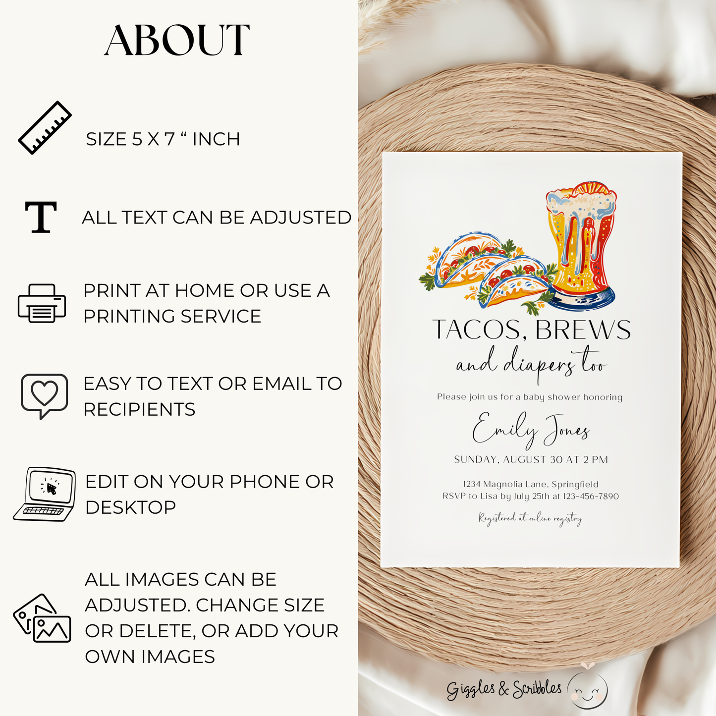 Baby Shower Invitation - Tacos, Brews & Diapers Too BS156