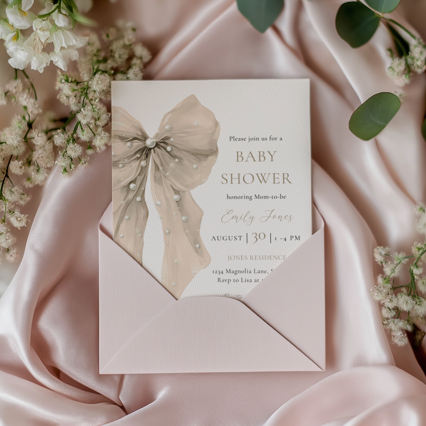 Baby Shower Invitation - Beige Coquette Bow with Pearls BS164