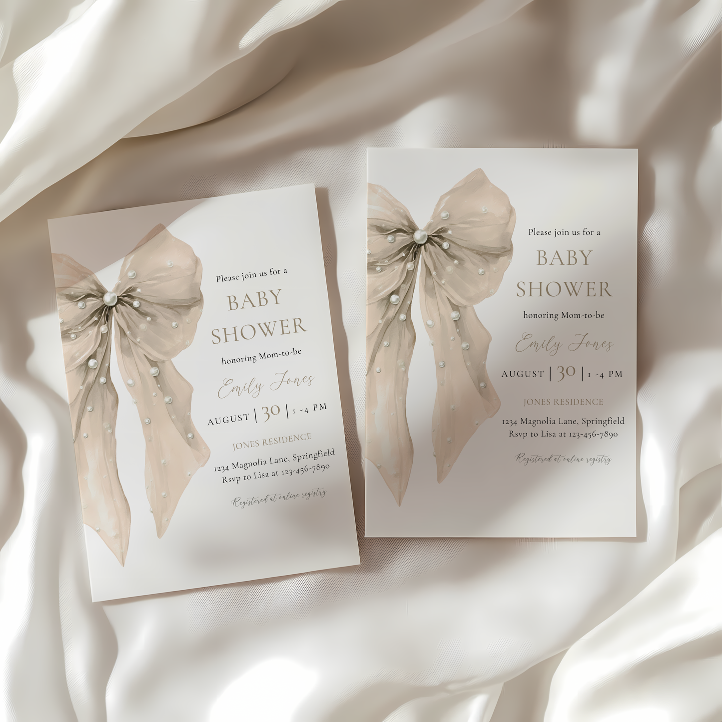 Baby Shower Invitation - Beige Coquette Bow with Pearls BS164