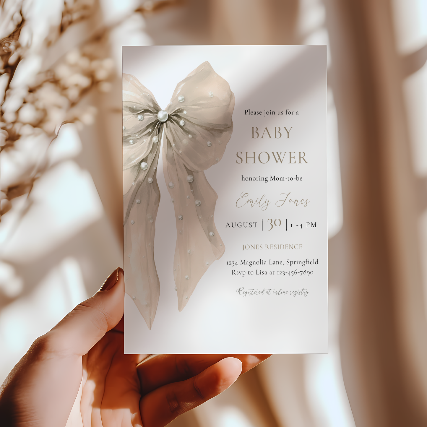 Baby Shower Invitation - Beige Coquette Bow with Pearls BS164
