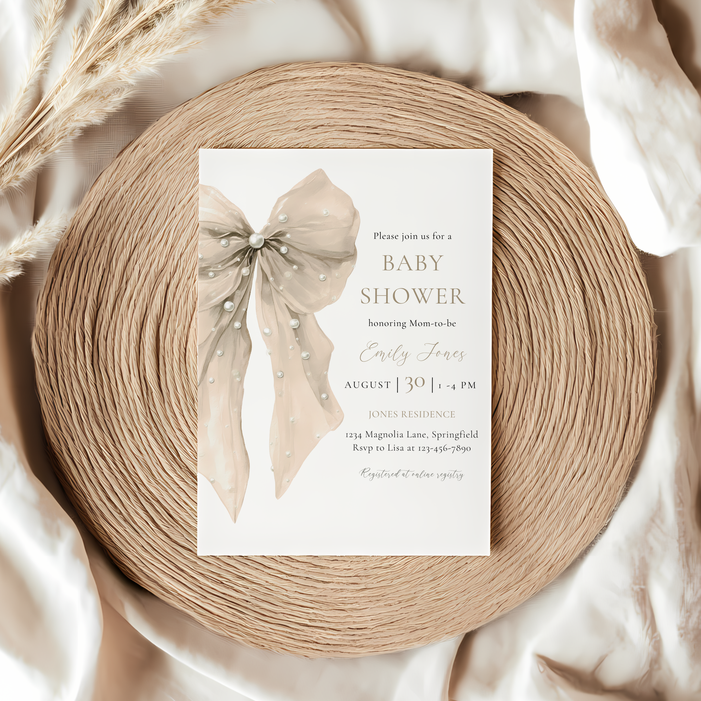 Baby Shower Invitation - Beige Coquette Bow with Pearls BS164