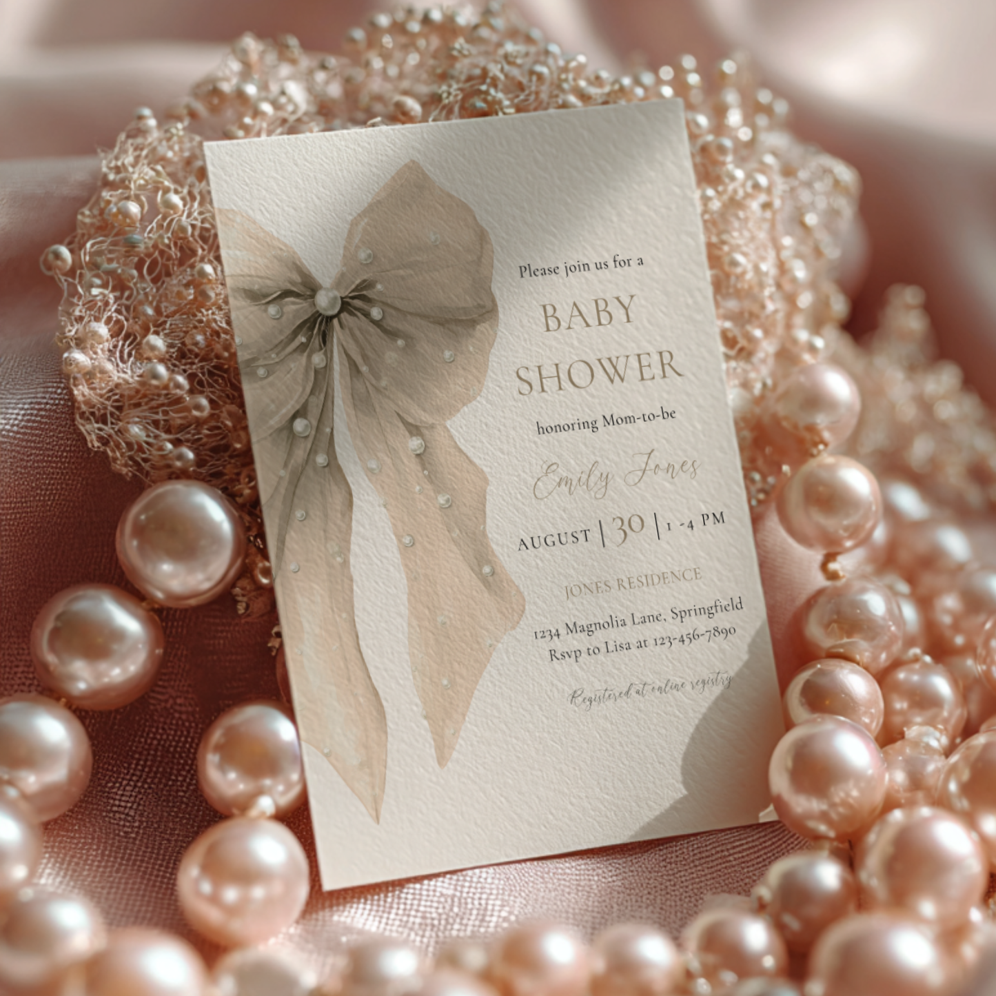Baby Shower Invitation - Beige Coquette Bow with Pearls BS164