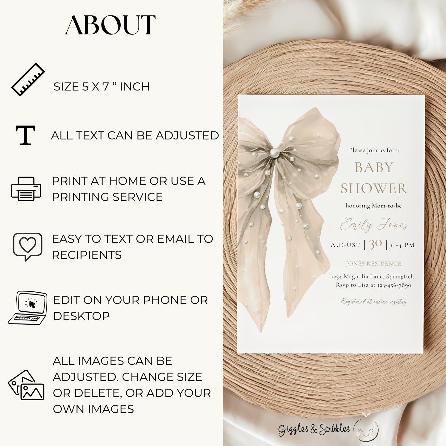 Baby Shower Invitation - Beige Coquette Bow with Pearls BS164