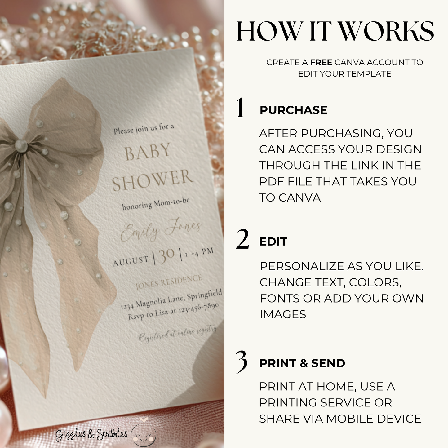 Baby Shower Invitation - Beige Coquette Bow with Pearls BS164