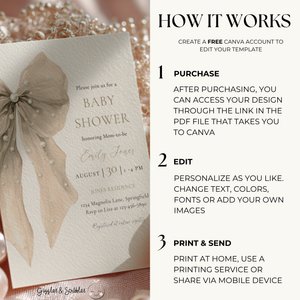 Baby Shower Invitation - Beige Coquette Bow with Pearls BS164