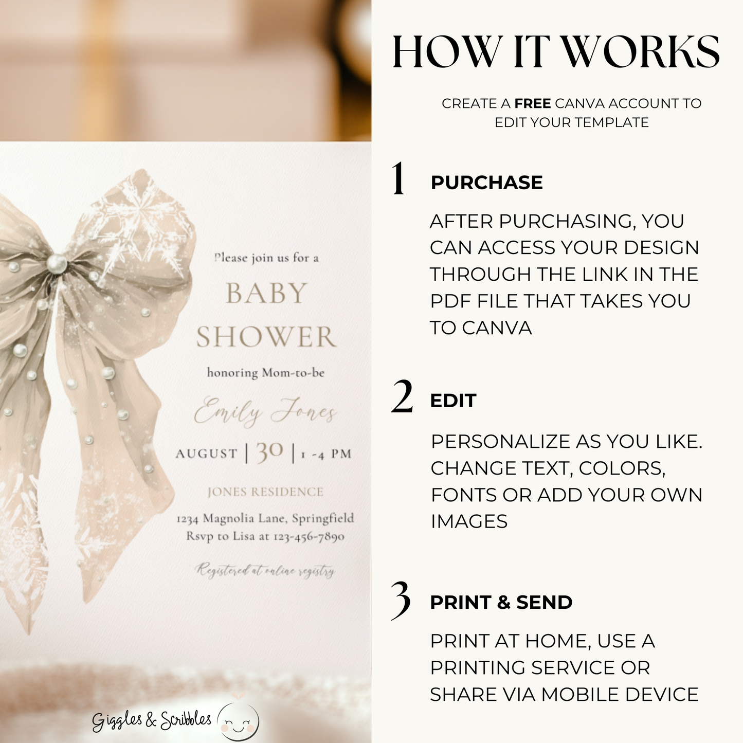 Baby Shower Invitation - Beige Bow with Snowflakes BS257