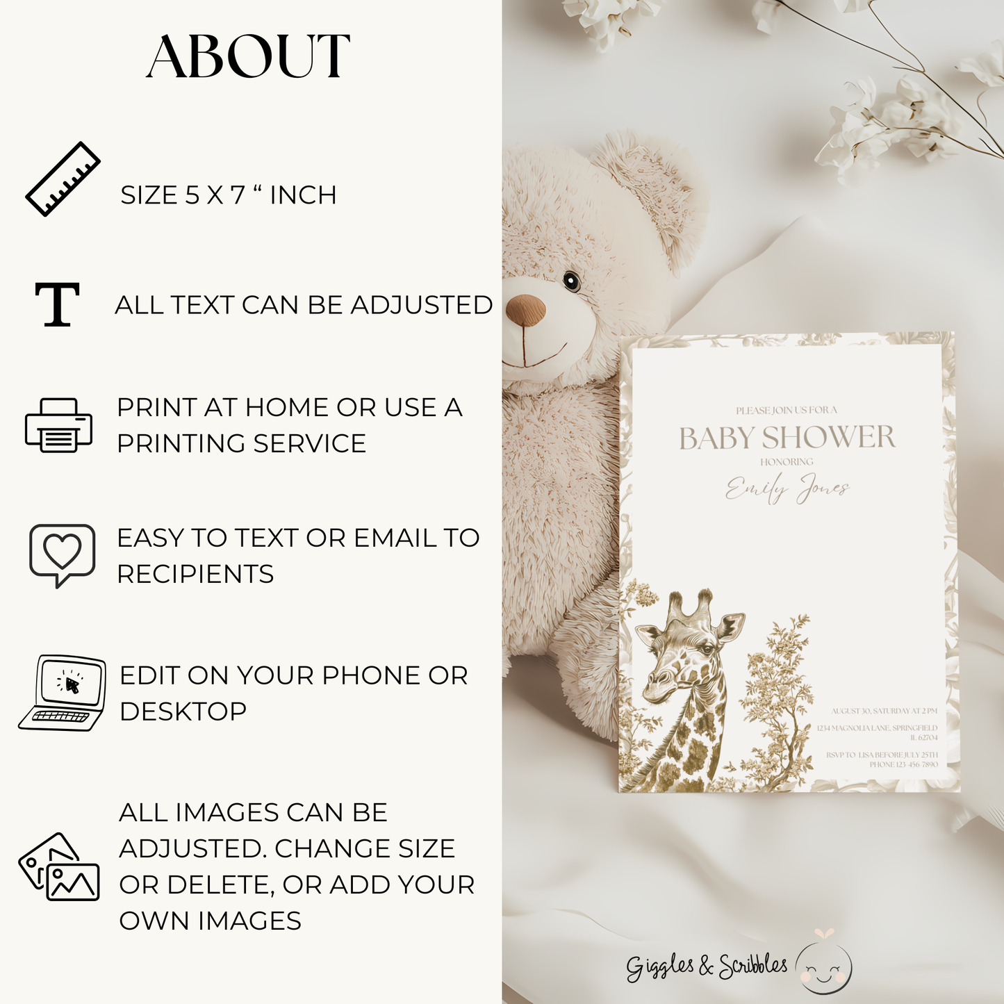 Baby Shower Invitation - Beige Safari Chinoiserie Giraffe BS15