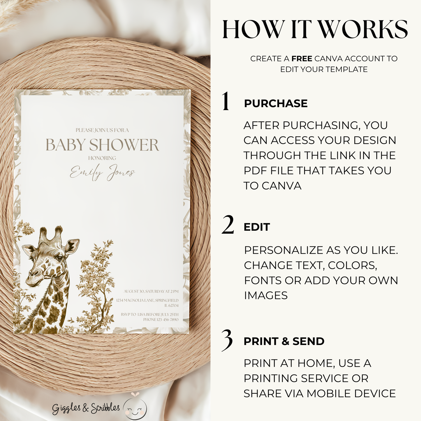 Baby Shower Invitation - Beige Safari Chinoiserie Giraffe BS15