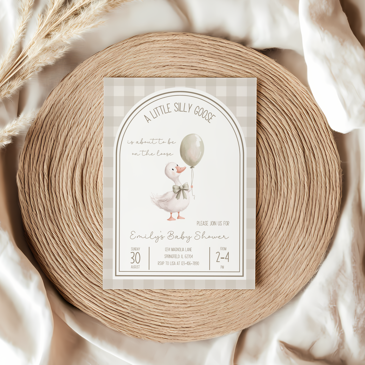Baby Shower Invitation - Neutral Beige Silly Goose Gingham BS90