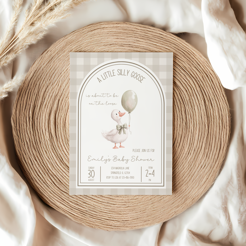 Baby Shower Invitation - Neutral Beige Silly Goose Gingham BS90