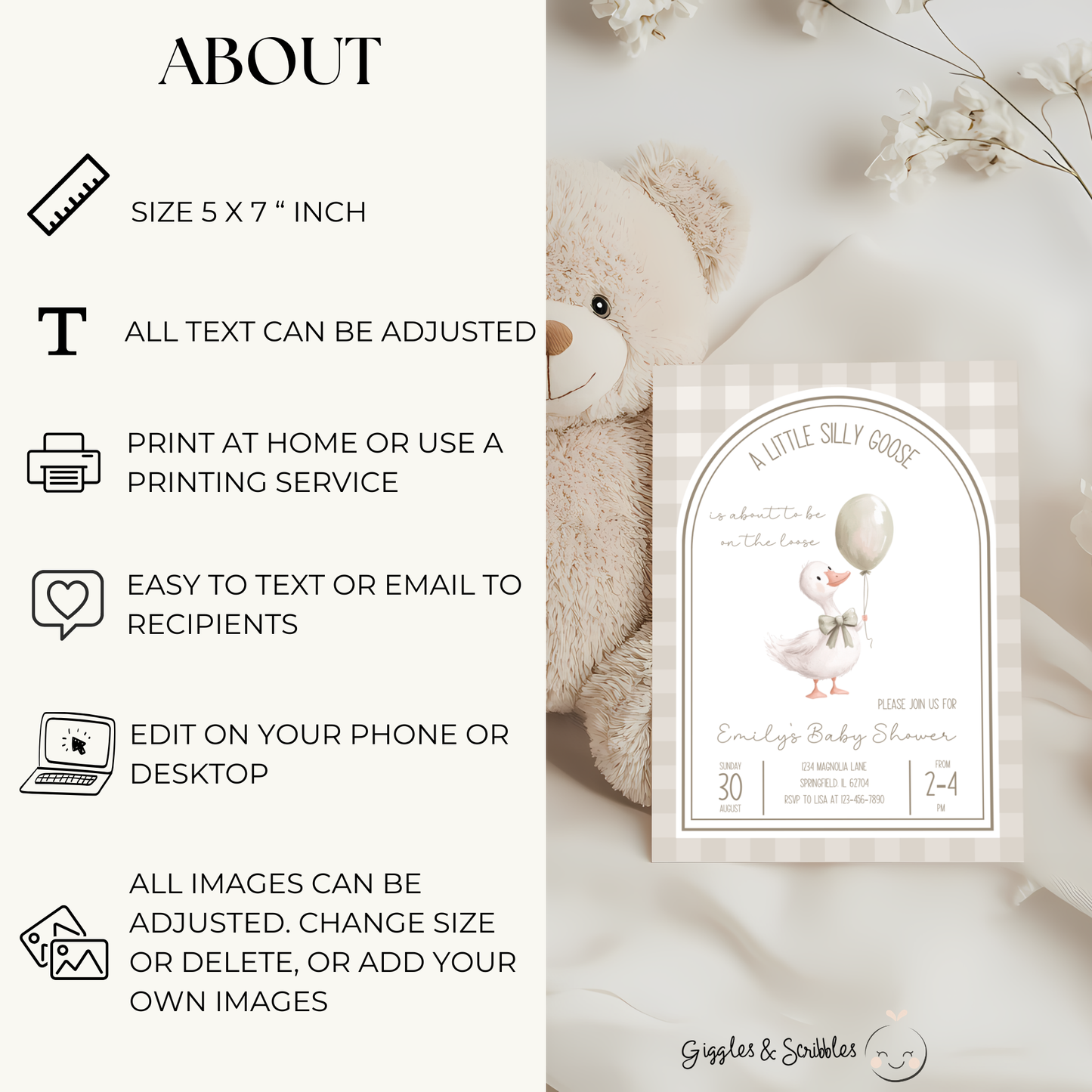 Baby Shower Invitation - Neutral Beige Silly Goose Gingham BS90