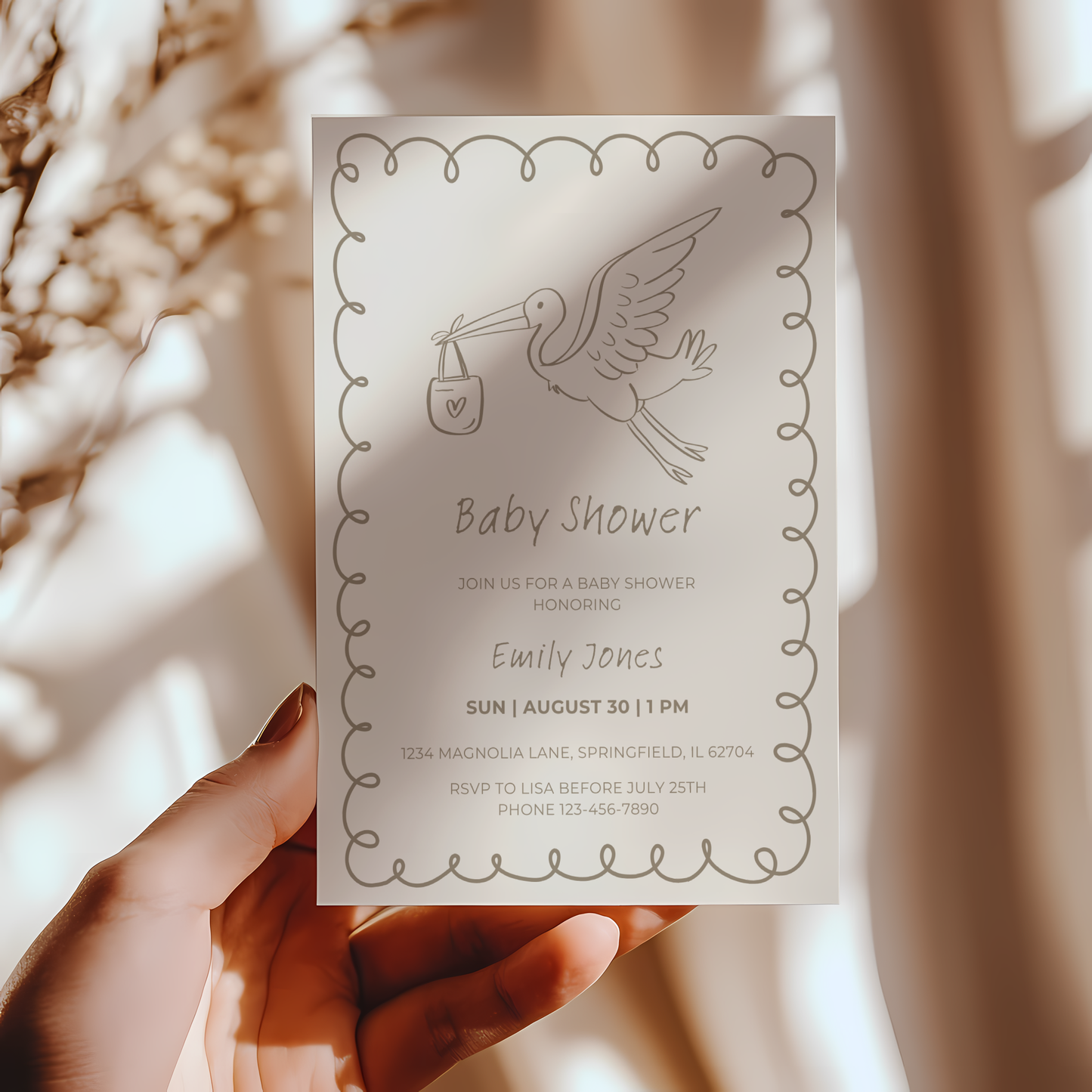 Baby Shower Invitation - Hand Drawn Stork Gender Neutral Beige BS105