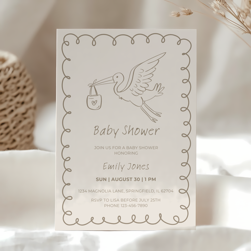 Baby Shower Invitation - Hand Drawn Stork Gender Neutral Beige BS105